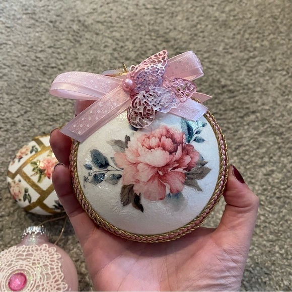 Vintage Large Round Christmas Ornament Lot Lace Victorian Floral Pink Rose
